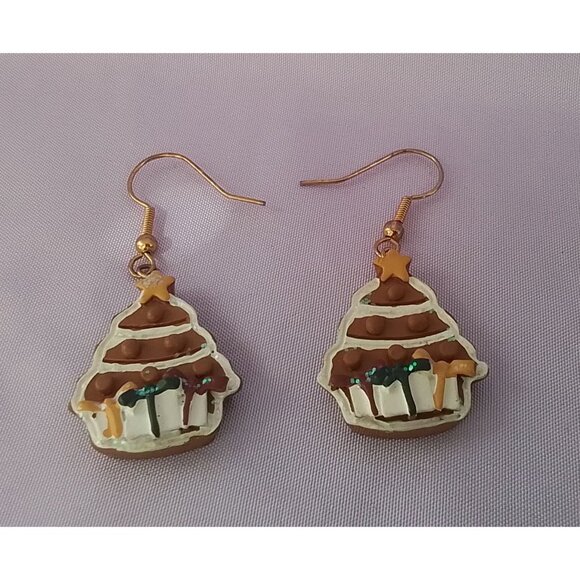 Vintage Christmas Tree Gingerbread Earrings Holiday - Picture 3 of 5